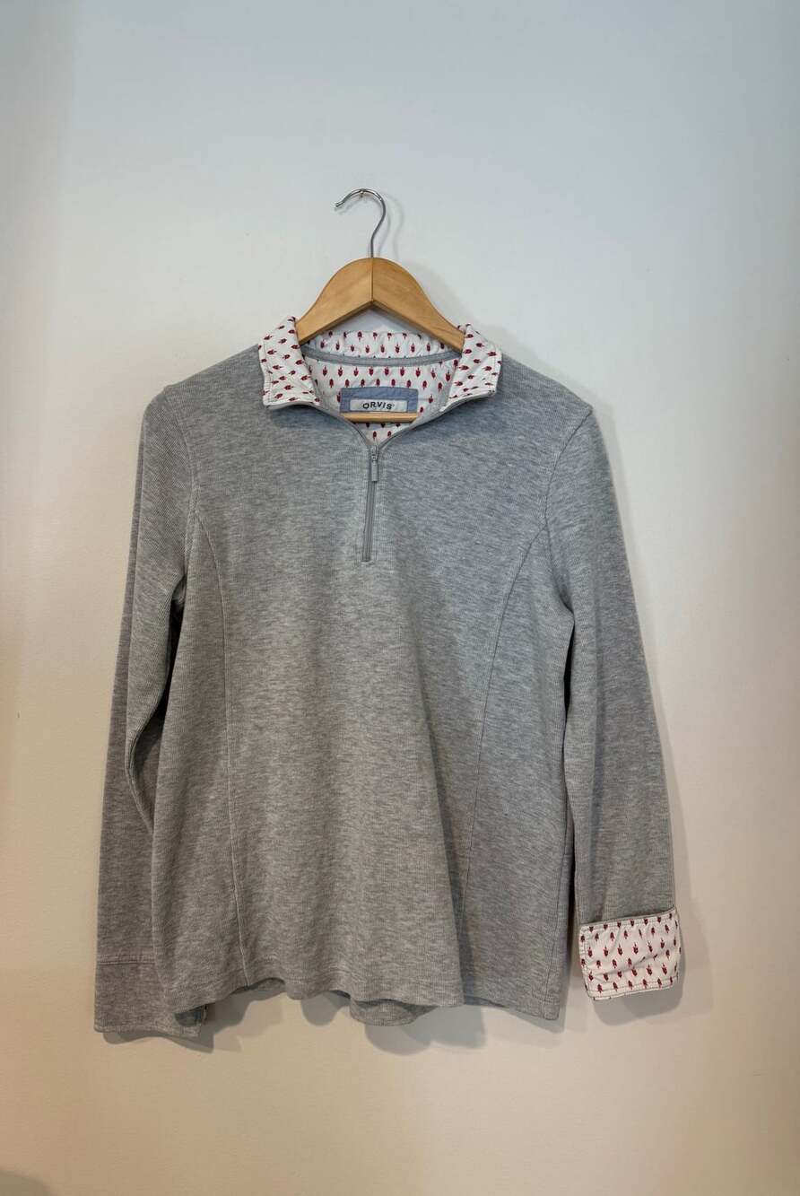 Orvis 1/4 Zip Pullover Size L Gray Floral French Cuff